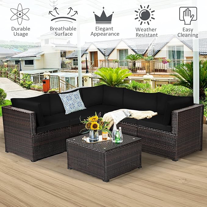 Tangkula 6 Pieces Patio Furniture Set, Outdoor Rattan Sofa Set, Wicker Conversation Set w/Tempered Glass Coffee Table & Cushions, Sectional Sofa Set for Backyard, Garden, Balcony, Poolside (Black)