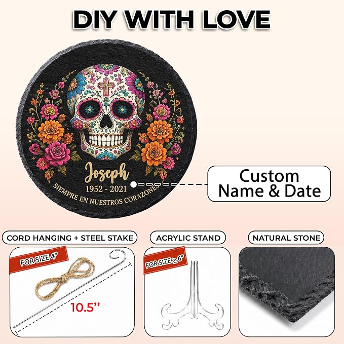 Personalized Sugar Skull Memorial Garden Stone, Dia de los Muertos Garden Stones for Loss of Loved Ones, Bereavement Sympathy Gift, Grieving Gifts, Weatherproof Outdoor Memorial Natural Stone