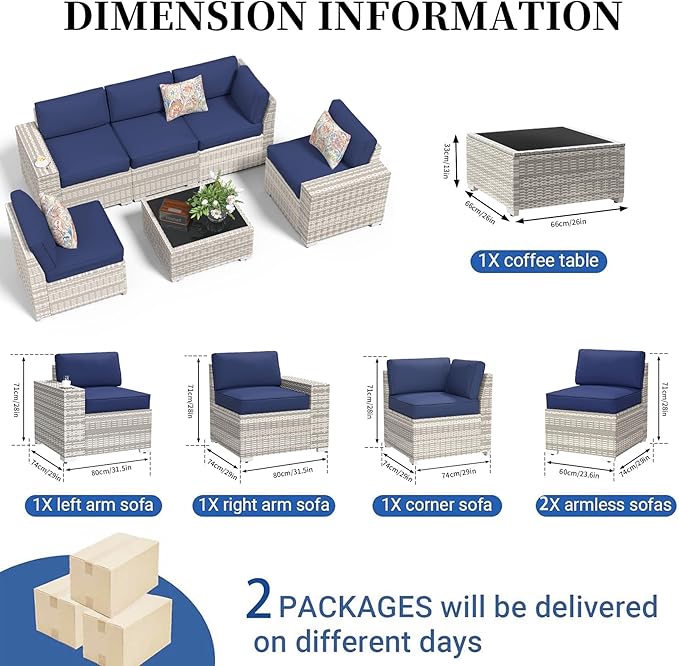 6 Pieces Wide Armrest Patio Furniture Set, Rattan Sectional Furniture with Thickened Cushions, Outdoor Patio Conversation Sets for Backyard, Poolside, Garden, Off-White & Navy Blue, Set of 6