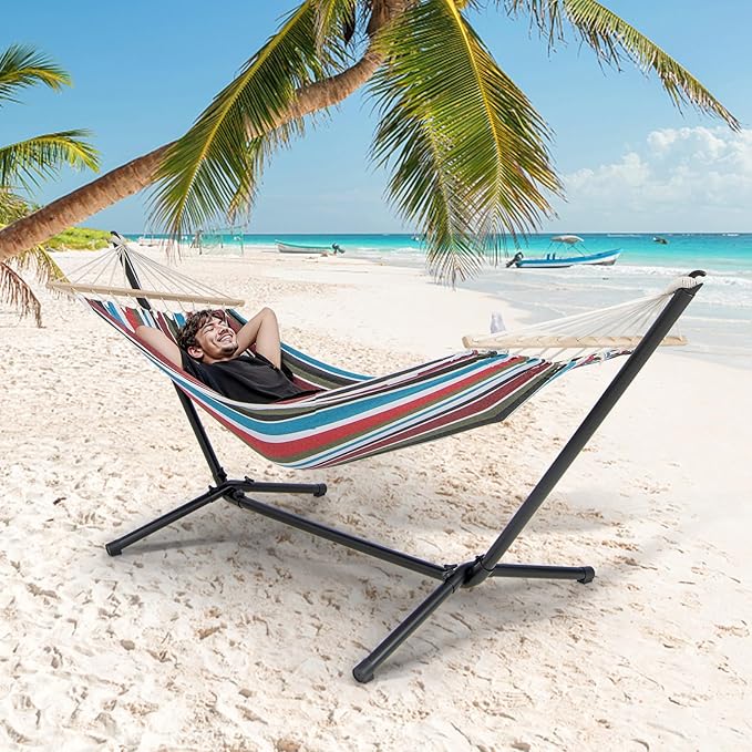 Tangkula Hammock with Stand, 10.5Ft Space Saving Steel Hammock Stand with Cotton Hammock & Carrying Bag, Indoor Outdoor Hammock Combo for Backyard, Patio, Porch
