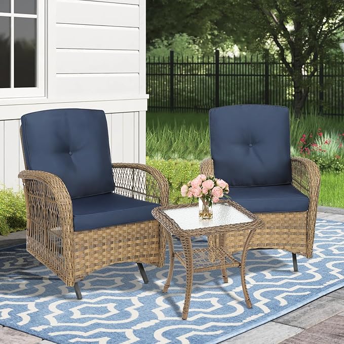 MEETWARM 3 Pieces Outdoor Patio Wicker Rocking Glider Set, Rocking Chairs Rattan Patio Furniture Sets with Glass-Top Coffee Table and Thickened Cushion, Conversation Bistro Set, Navy Blue