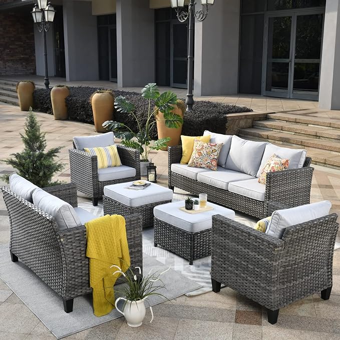 ovios 6 Pieces Patio Furniture Set, Outdoor Wicker Rattan Sofa Couch with Loveseat, Chairs, Comfy Cushions, Conversation Sets for Porch Deck Garden, Grey