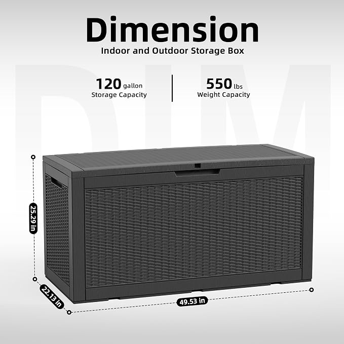 DRATO 120 Gallon Deck Boxes Outdoor Waterproof, Resin Large Lockable Storage Box with Lid, Outdoor Storage Bench Patio Cushions Furniture, Garden Tools, Pool Accessories (Black, 120 Gallon)