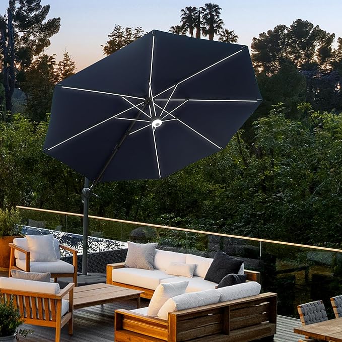 Domi 10FT Cantilever Patio Umbrella Solar Powered LED Round Deluxe Offset Umbrella, Aluminum Hanging Umbrella with 360°Rotation, Outdoor Market Umbrella for Deck Backyard Garden Pool, Navy Blue