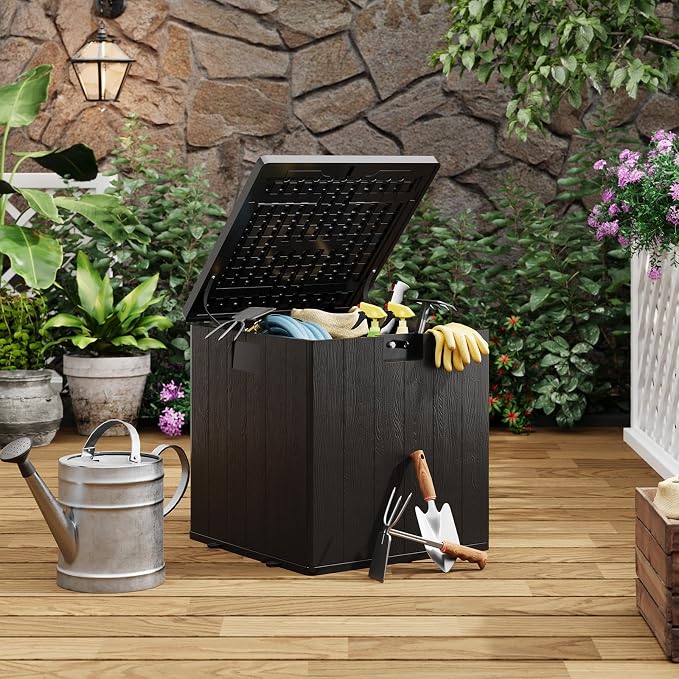 28 Gallon Outdoor Storage Box, Blow Molded Deck Box with Imitation Rattan Pattern, Heavy Duty Waterproof Resin Deck Box No Assembly Required, Lockable Patio Storage Box for Cushions Garden Tools Pool