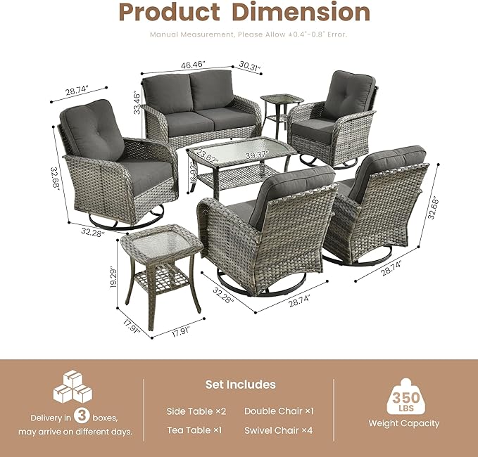 Weaxty 8 Pieces Outdoor Patio Furniture Sets with Swivel Rocking Patio Chairs and Loveseat Sofa,Coffee Table,All Weather Wicker Conversation Set for Deck Backyard Porch Poolside, Black