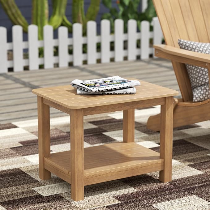 WestinTrends Tuscany Outdoor Side Table, All Weather HIPS 2 Tier Adirondack Small Patio Table with Storage, Teak