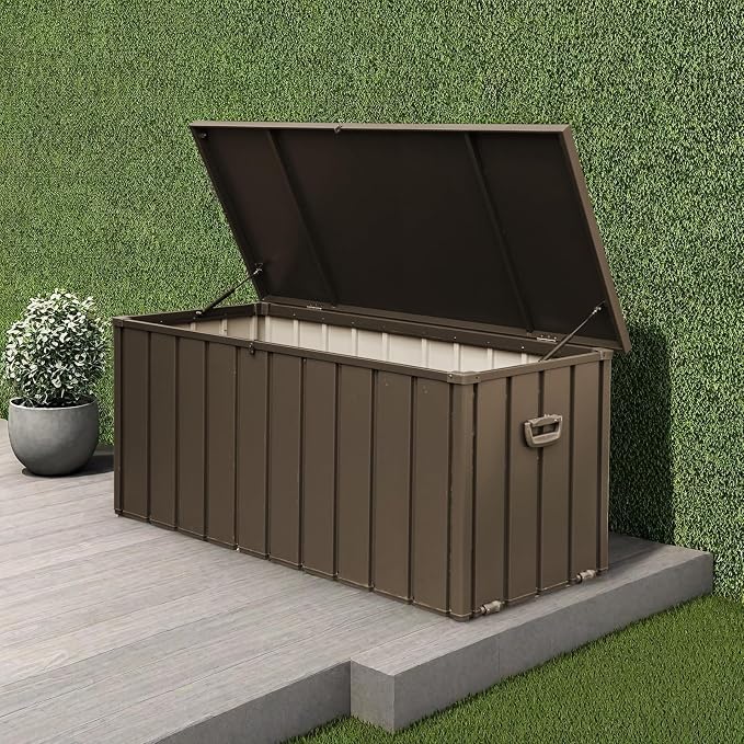 ChicFurnit Outdoor Storage Box, 100 Gallon Deck Box with Lockable Metal Lid & Portable Side Handles, Outdoor Storage Bin with Stable Support Rod, Soft Close Mechanism & Mobility Rollers, Dark Brown
