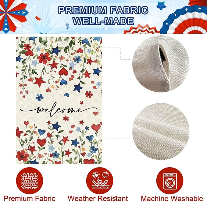 Baccessor Patriotic 4th of July House Flag 28x40 Inch Double Sided Burlap,Memorial Day Welcome American Red and Blue Flower Large Flag Summer Holiday Porch Patio Seasonal Outdoor Outside Decoration