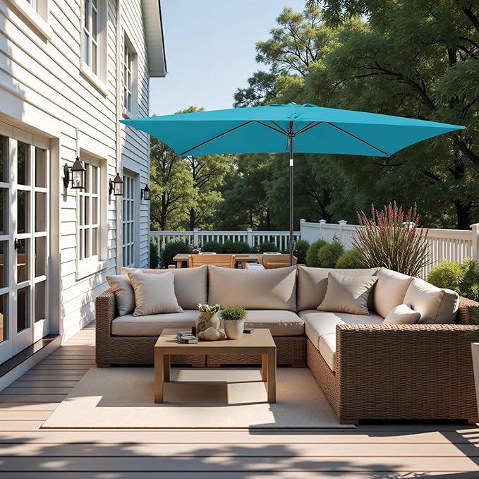 FLAME&SHADE 6.5 x 10 ft Rectangular Patio Umbrella with Push Button Tilt & Crank, Table Market Rectangle Rectangle Umbrella Outdoor for Yard, Pool, Garden, Porch(Aqua Blue)