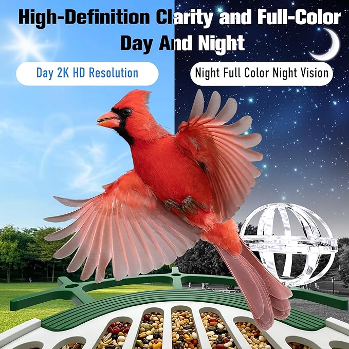 Bird Feeder with Camera Solar Powered Panel, Father's Day & Mother's Day Gift: Smart Bird Feeder Outdoors with AI Birds Identify Capture, 2K Video, Birthday Gift for Parents Men Women(Green)