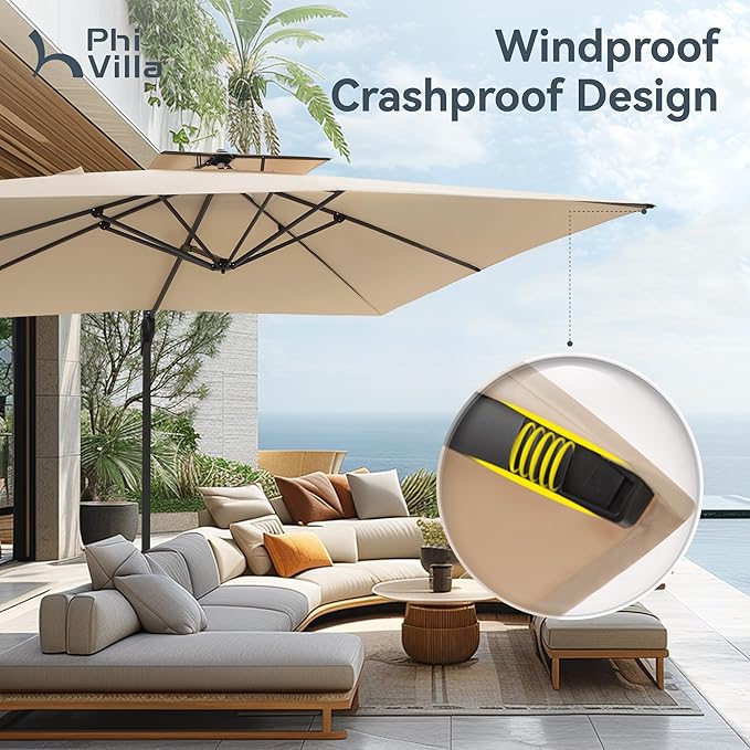 PHI VILLA Cantilever Patio Umbrella with Base, Outdoor 10ft Large Square Umbrellas with 360°Rotation, Heavy Duty Hydraulic Double Umbrella Windproof for Outside, Pool, Deck, Garden, Porch, Beige