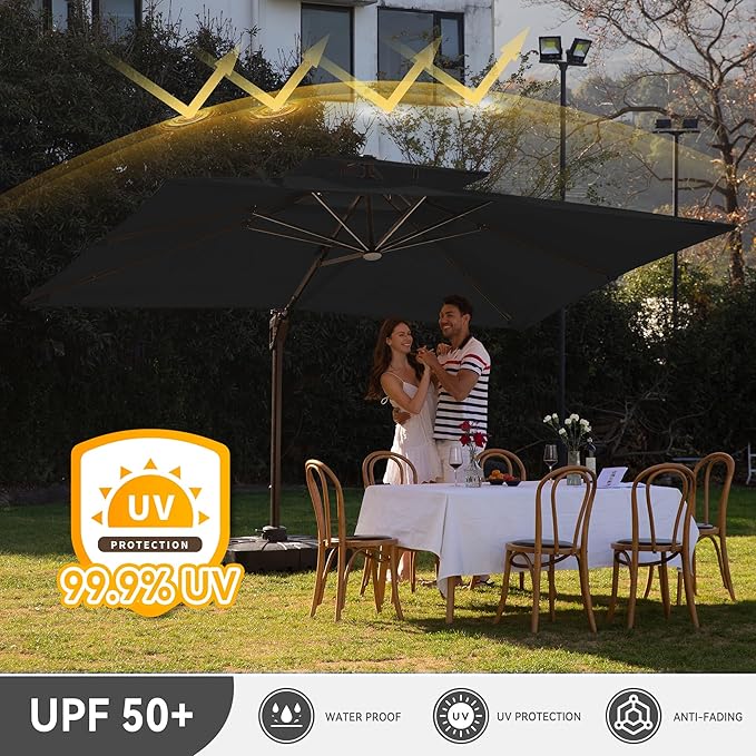 9 X 12 FT Cantilever Outdoor Patio Umbrella with Base Included Large Heavy Duty 360° Rotation Double Top Offset Rectangular Umbrellas with LED Lights for Backyard Outside Deck, Black