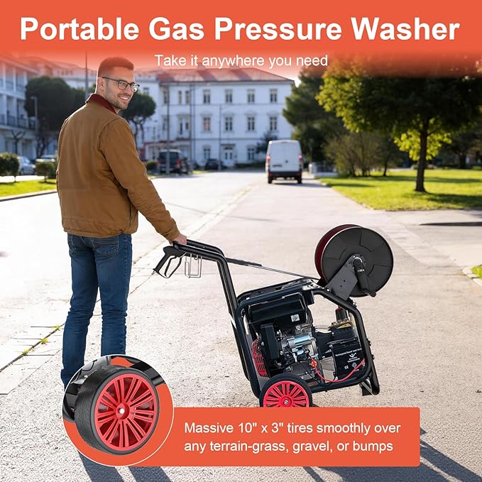 4400PSI Gas Pressure Washer with Hose Reel, One-Button Start 420cc 15HP 4-Cycle Engine, 4.0 GPM Heavy Duty Power Washer with 50FT 3/8" Hose, Spray Gun & Wand, 5 Quick Connect Nozzles