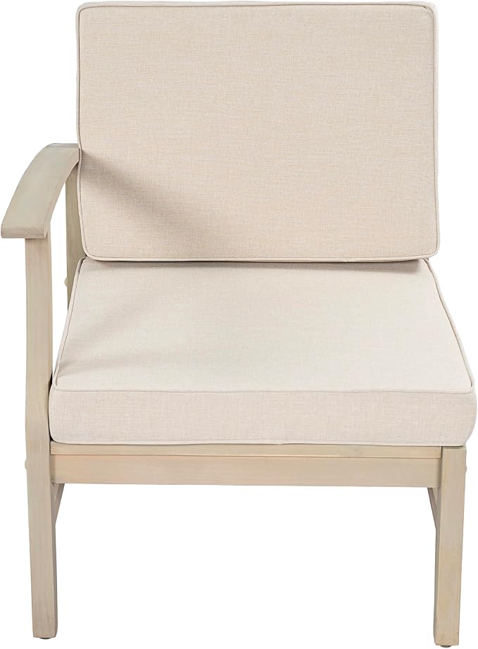 Christopher Knight Home Ace 4-Piece Outdoor Patio Furniture Set, Acacia Wood Patio Conversation Set with Loveseat, Accent Chairs And Coffee Table, 4-Seater Patio Sofa Set With Cushion,Light White+Sand