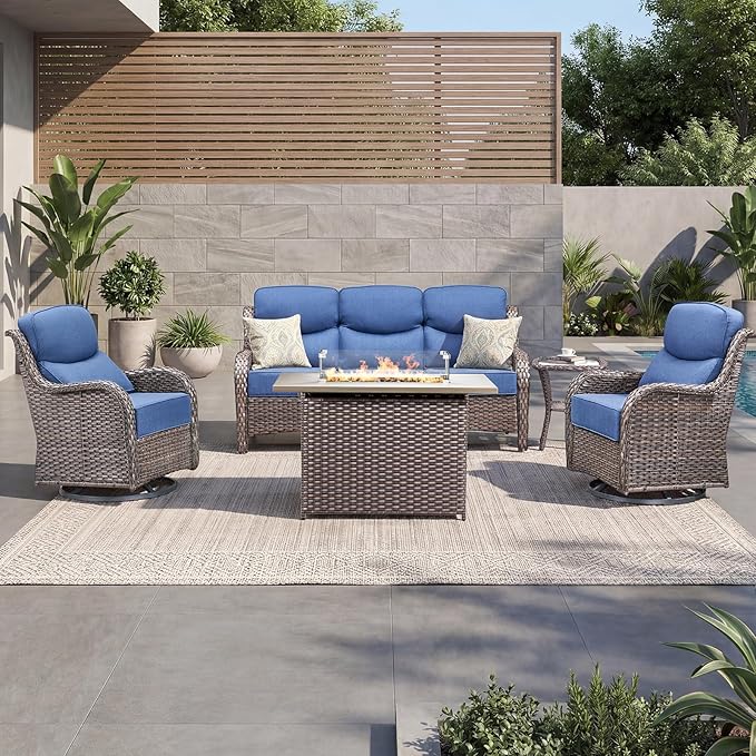 Luxury Patio Furniture Set with 6-inch Thick Cushion, Outdoor Furniture with Fire Pit Table, Swivel Chairs, Side Table, Sofa, 5pcs Wicker Conversation Set for Deck Yard and Poolside(Blue)