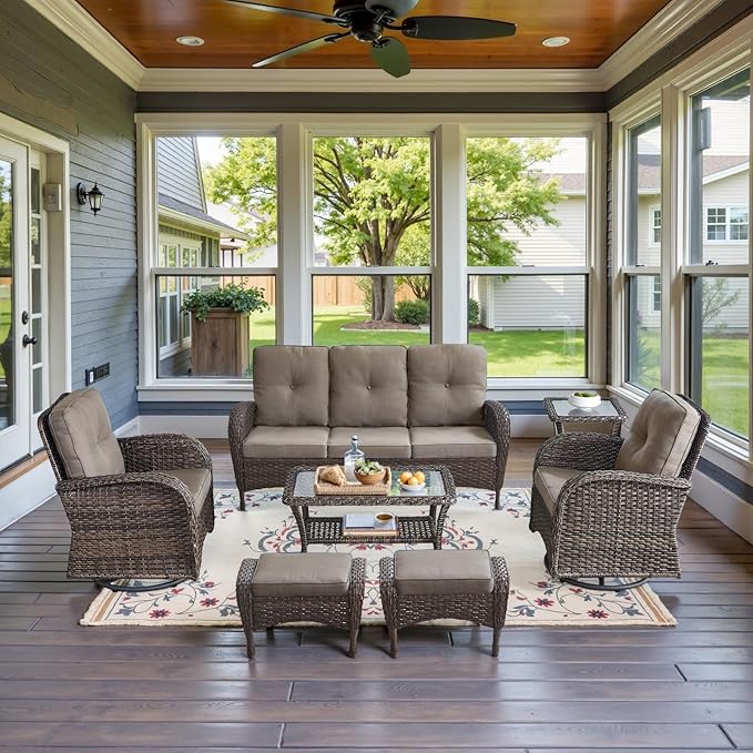 Belord Wicker Outdoor Furniture Set - 7 Piece Patio Conversation Sets with Comfort Swivel Rocker Glider Patio Chairs Set of 2 and Rattan Sofa, Tempered Glass Coffee Table and Side Table,Brown/Gray