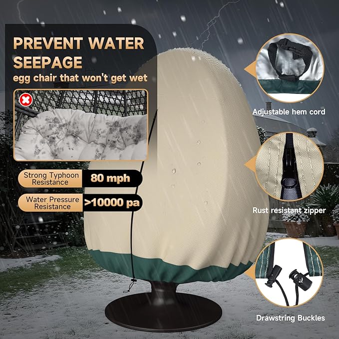 Patio Hanging Egg Chair Cover Waterproof - 420D Heavy Duty Outdoor Single Seat Wicker Swing Egg Chair with Zipper, All-Season Protector Fits 45"W Swing/Egg Chairs,Beige&Green