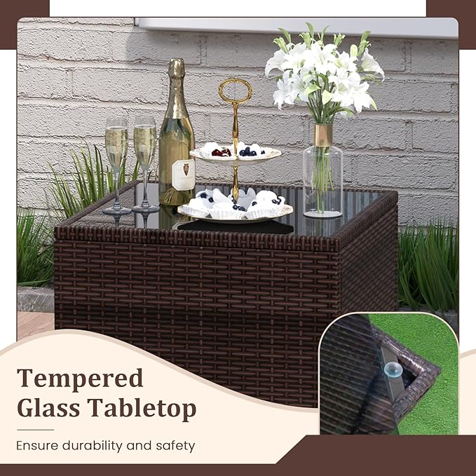 3 Pieces Wicker Patio Furniture Set, Outdoor Sofa Set with Water-Resistant Cushion & Tempered Glass Table, Outdoor Conversation Set Bistro Set for Garden, Balcony, Poolside(Gray)
