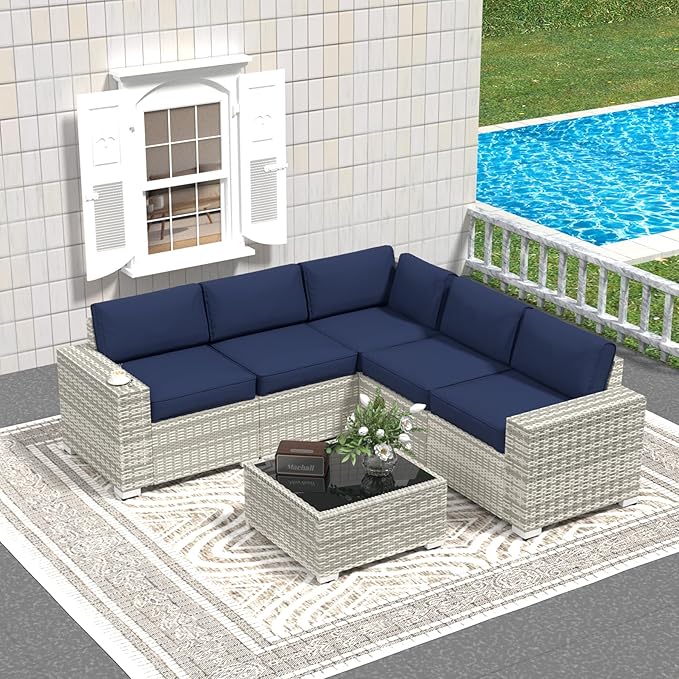 SHGJ&SOFT 6pcs Outdoor Patio Furniture Set, Waterproof Wicker Outdoor Sectional Couch with Thick Cushions, All-Weather Rattan Sectional Sofa