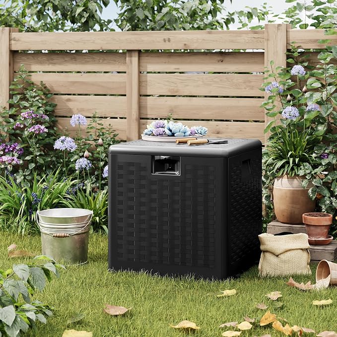 28 Gallon Outdoor Storage Box, Large Resin Deck Box with Lockable Lid & UV Resistant, All-Weather Deck Box for Patio Furniture, Pool Accessories, Gardening Tools, Black