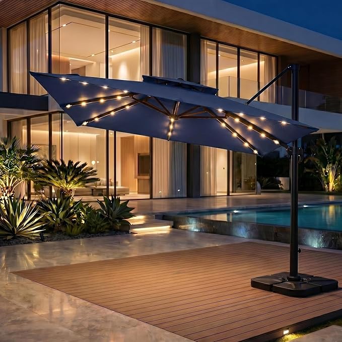 Kingdura Cantilever Patio Umbrella with Double Top Vent, Large Square Aluminum Outdoor Offset Umbrella with 360-degree Rotation, Infinite Tilt, UV Protection for Pool Deck Garden Patio