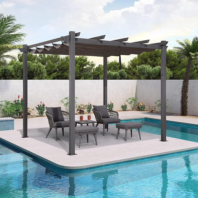 PURPLE LEAF 10' X 10' Outdoor Retractable Pergola with Sun Shade Canopy Patio Metal Shelter for Garden Porch Beach Pavilion Grill Gazebo Modern Yard Grape Trellis Pergola, Gray