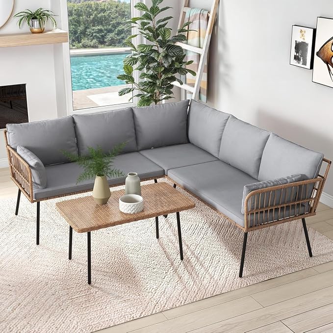 Outdoor 4 Piece Patio Furniture Set with L Shaped Rattan Sectional Sofa, Comfortable Thick Cushions, Two-Tier Coffee Table, Boho Style Conversation Set for Backyard, Patio, and Garden