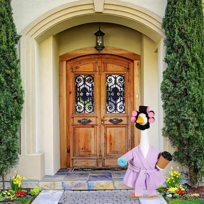 Shyyween 23 Inch Porch Goose Summer Outfit Light Purple Goose Bathrobe Statue Clothes Coffee Cup Curlers for Cement Plastic Lawn Geese Outdoor Garden Yard Patio Decoration