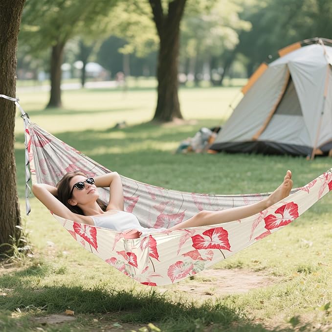 Camping Hammock Outdoor Hammocks for Outside Begonia Leaves Plant Beach Trees Portable Lightweight with Pockets Tree Straps Indoor