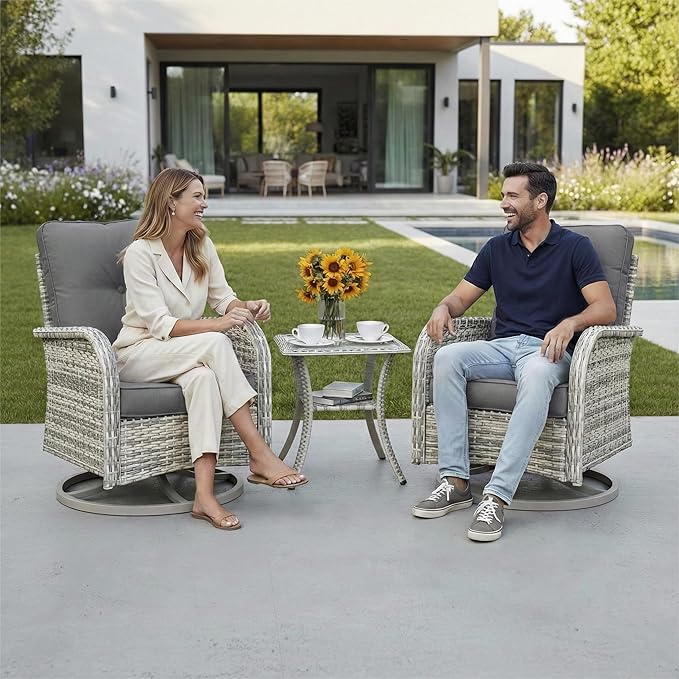 3-Piece Small Patio Furniture Set, Outdoor Swivel Rocking Chairs Set with Wicker Chairs and Tempered Glass Side Table, Outdoor Furniture Patio Bistro Set for Balcony, Deck, Porch