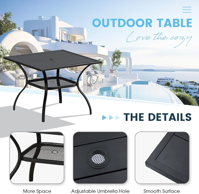 5 Pieces Patio Furniture Dining Set, 4 Textilene Swivel Dining Chairs, 38" Outdoor Square Metal Table with Storage Shelf and 1.57" Umbrella Hole, Outdoor Dining Set for Porch, Lawn, Black/Brown