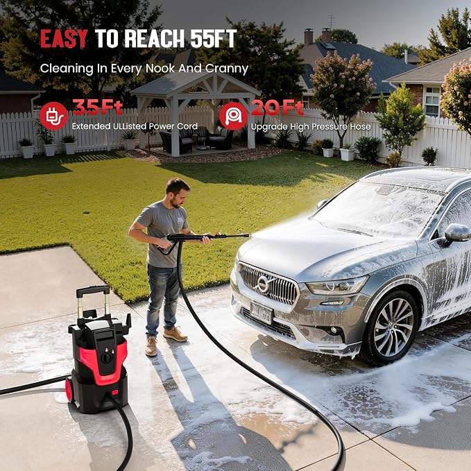 Heavy Duty MAX5000 PSI Pressure Washer, 3-Speed Adjustable Power Washer with 2-Stage Pull Rod, 4 Nozzles, Foam Cannon & 500ml Soap Bottle for Car, Home & Outdoor Cleaning,Red