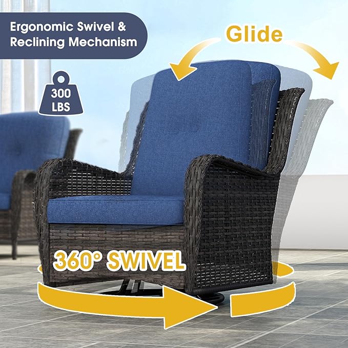 kinbor Outdoor Sectional Furniture - Outdoor Patio Conversation Sets, 7 Pieces Outdoor Sectional Sofas with Swivel Rocking Chair, Brown Wicker Rattan Patio Furniture Set, Navy Blue