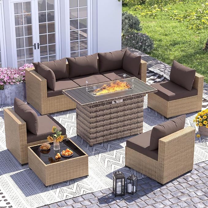 UDPATIO Furniture Set with Fire Pit Table, 8 Piece Sectional Sofas, All-Weather Wicker Conversation for Garden, Backyard, Yellow/Brown