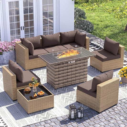UDPATIO Furniture Set with Fire Pit Table, 8 Piece Sectional Sofas, All-Weather Wicker Conversation for Garden, Backyard, Yellow/Brown