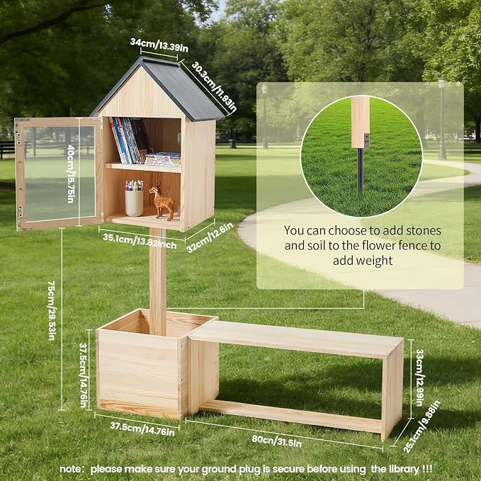 Little Library Box Outdoor with Bench & Planter, 3-in-1 Solid Pine Wood Community Book Exchange Box, Outdoor Neighborhood Library Station with Ground Stakes for School, Garden, Park & Patio