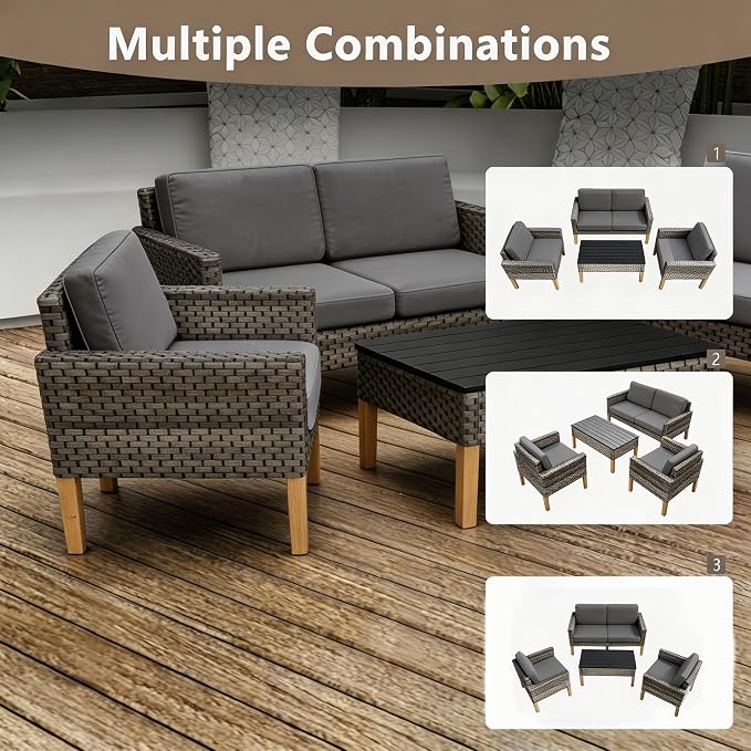 DECMICO 4 Piece Rattan Conversation Bistro Set, Outdoor Wicker Patio Furniture Set, All-Weather PE Rattan Chairs with Cushions for Backyard, Balcony, Garden, Dark Gray