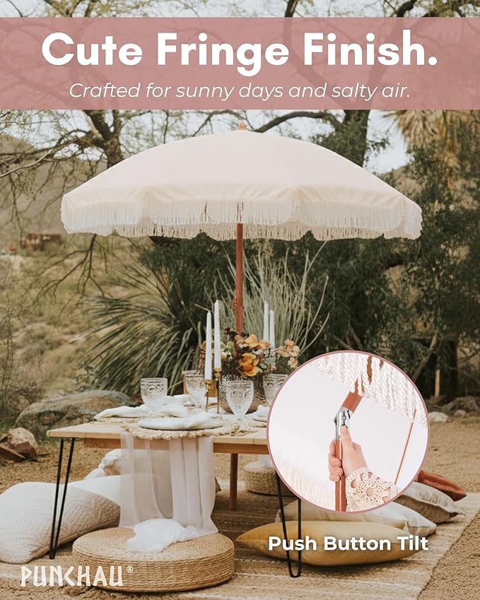 6 Ft Fringe Patio Umbrella - Outdoor Umbrella for Patio, Pool, Table, Garden, Deck, Beach, and Outdoors - Fashionable Boho Vintage Tassels & Wood Print - Push Button Tilt Pole