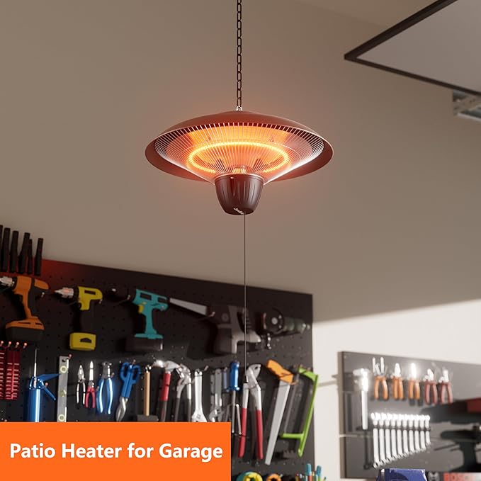 Patio Heater for Outdoor Use 1500W Electric Infrared Hanging Heater, Ceiling Mounted, Waterproof for Porch, Garage, Balcony, Overheat Protection (Brown)