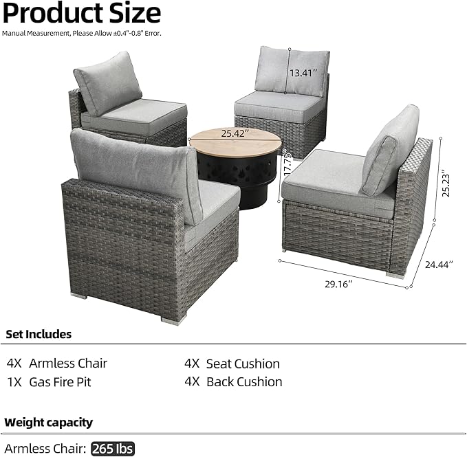 HOOOWOOO 6-Piece Outdoor Wicker Patio Furniture Set, All-Weather Rattan Sectional Sofa Chairs with Fire Pit and Side Table, Modern Garden Conversation Set for Patio, Porch, and Backyard (Dark Grey)