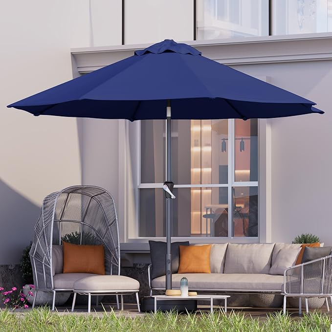 Kingdura 9FT Outdoor Patio Umbrella, Market Table Umbrella with Push Button Tilt & Crank, 8 Sturdy Ribs, UV Protection for Garden Lawn Deck Backyard Pool (Navy blue)