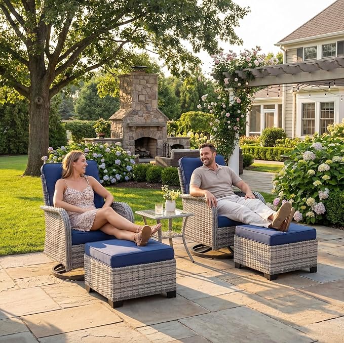 Outdoor Patio Furniture Set Patio Rocking Swivel Chair with Tempered Glass Side Table, Outdoor Wicker Rattan Bistro Set with Ottomans for Garden, Deck, and Balcony, Blue