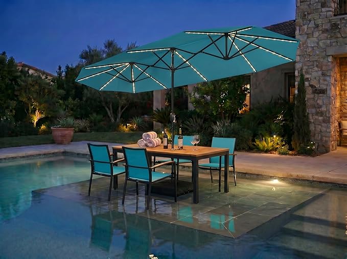 PURPLE LEAF 13ft Patio Market Umbrella with Solar LED and Base Double-Sided Rectangle Outdoor Table Sun Umbrellas with Crank for Pool Beach Deck Backyard Turquoise Blue