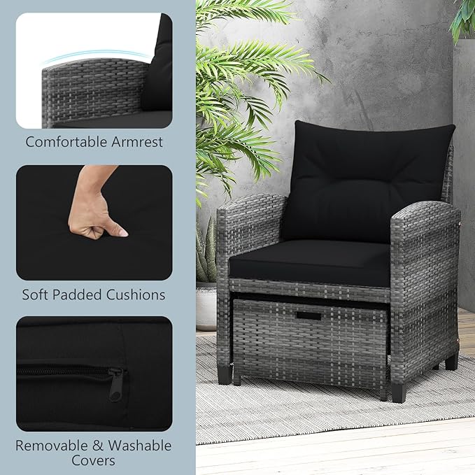 ORALNER 5 Pieces Patio Furniture Set with Ottoman, Wicker Conversation Set w/Cushions, Glass Coffee Table, Outdoor Lounger Rattan Chairs Bistro Set for Porch Balcony Garden Deck Poolside (Black)