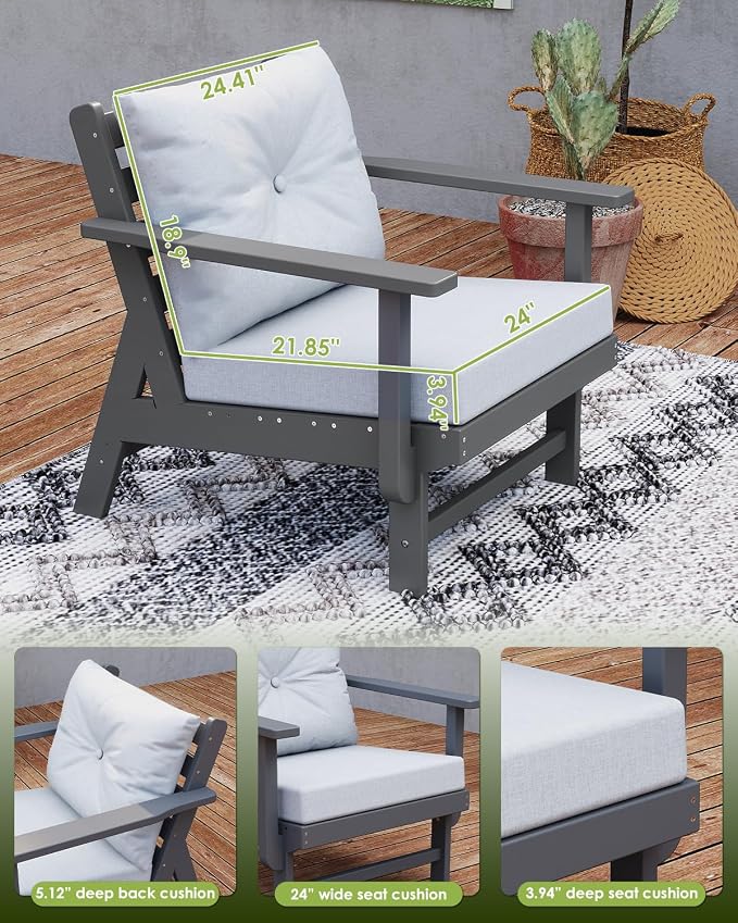 GREENVINES Outdoor-Couch-Set-of-2 | HDPE Plastic | Patio Sectional Conversation Sets | All Weather Couches | Sofa with Detachable Armrests | for Porch Deck Lawn | Gray Frame Light Gray Cushion