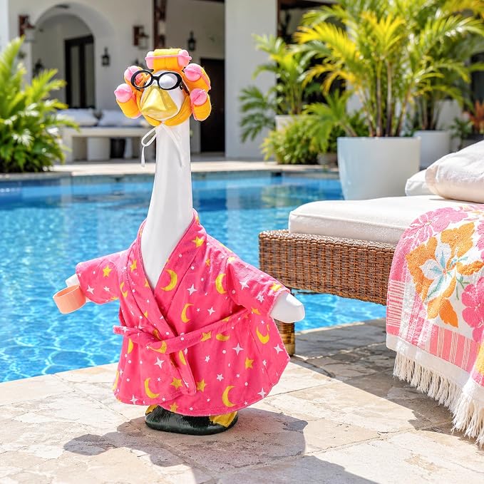 DECOHS 4 Pcs Bathrobe Porch Goose Outfit, Lawn Goose Statue Costume with Star and Moon Print, Yard Goose Bathrobe Curlers Glasses Cup Outfit for 23" Statue Patio Garden Decoration (Pink)