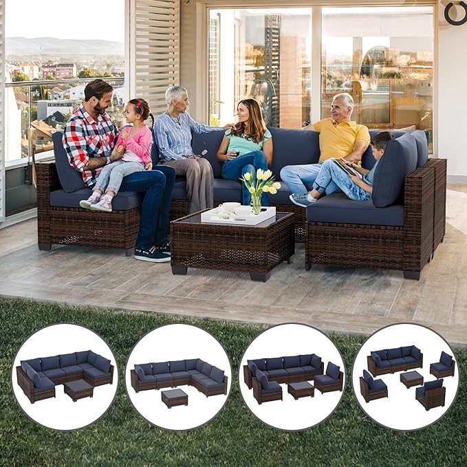 7 Pcs Patio Furniture Set, All Weather Outdoor Sectional Set, Wicker Outside Furniture Patio Sofa Set for Backyards, Porch, Poolside, Garden, Balcony (Brown & Blue)