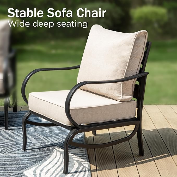 PHI VILLA Patio Furniture Set for 5 Person, Outdoor Furniture with 1 x 3 Seater Cushioned Deep Seating Bench, 2 x Armrest Sofa Chairs & 2 x Metal Cushioned Ottoman