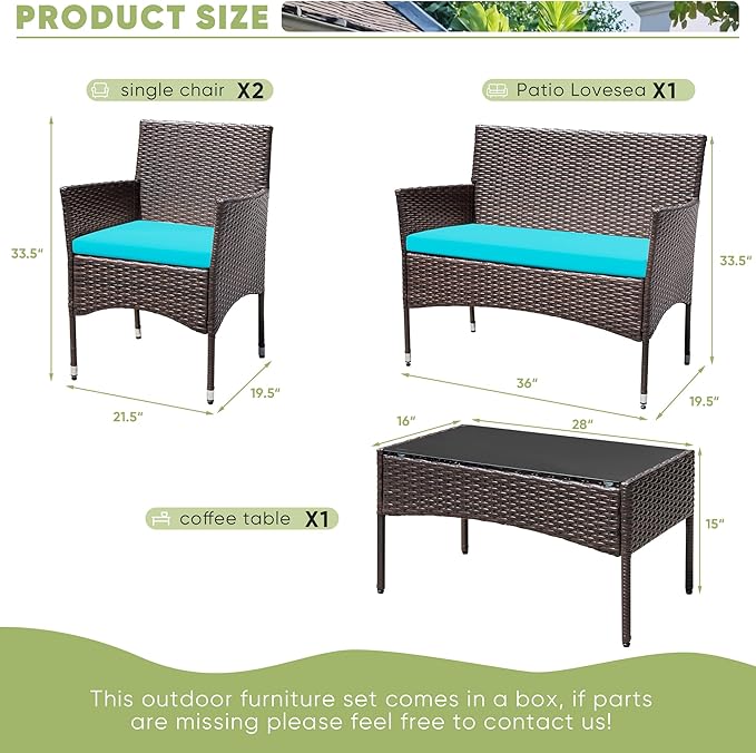 Greesum Patio Furniture 4 Pieces Conversation Sets Outdoor Wicker Rattan Chairs Garden Backyard Balcony Porch Poolside loveseat with Cushion and Glass Table, Brown and Blue